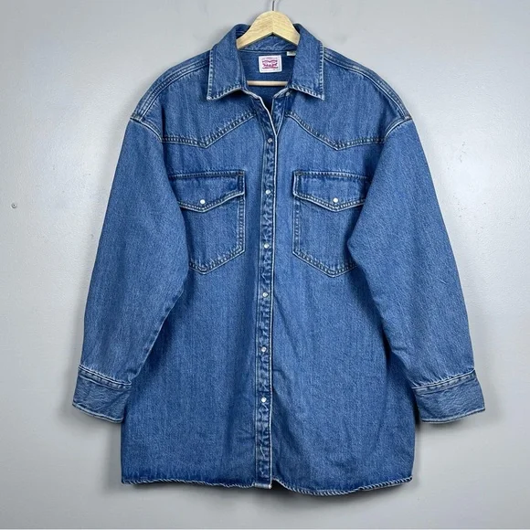Levis Men's Blue Denim Pearl Snap Western Shirt/ Shacket PC9-A3373-0004 Size L - Picture 1 of 15
